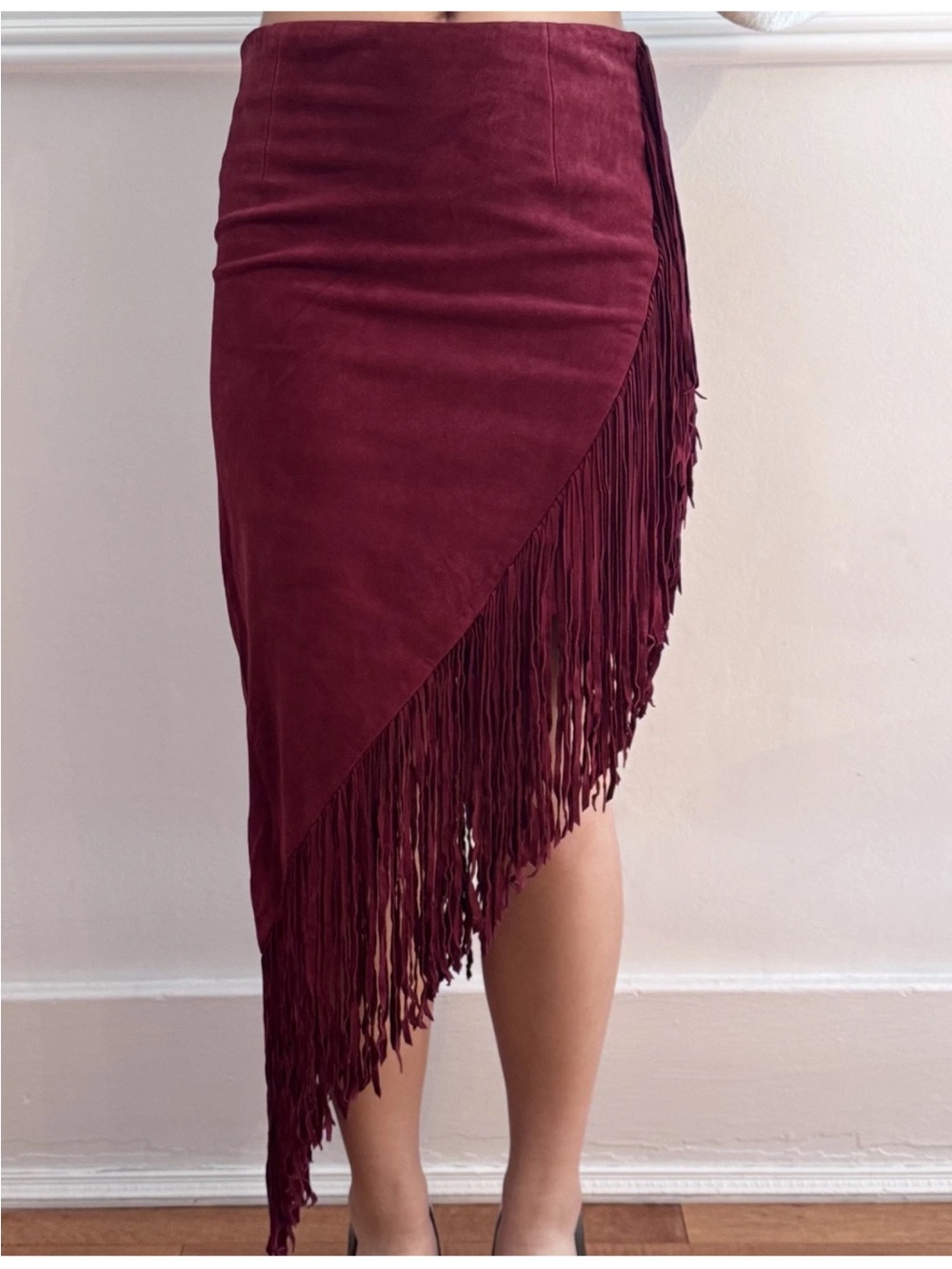 INTERMIX Burgundy Asymmetrical Fringe Midi Skirt